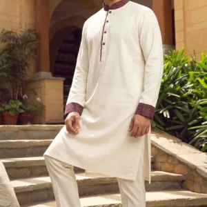 Men’s Off-White Panjabi with Maroon Collar and Cuffs